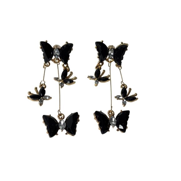 Butterfly Dangle Earrings Black Clear Rhinestone Accents Goldtone 2 inches - Picture 3 of 5